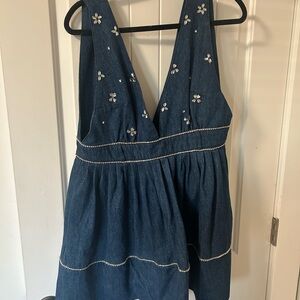 Free People Blue Mini Dress with White Floral Embroidery